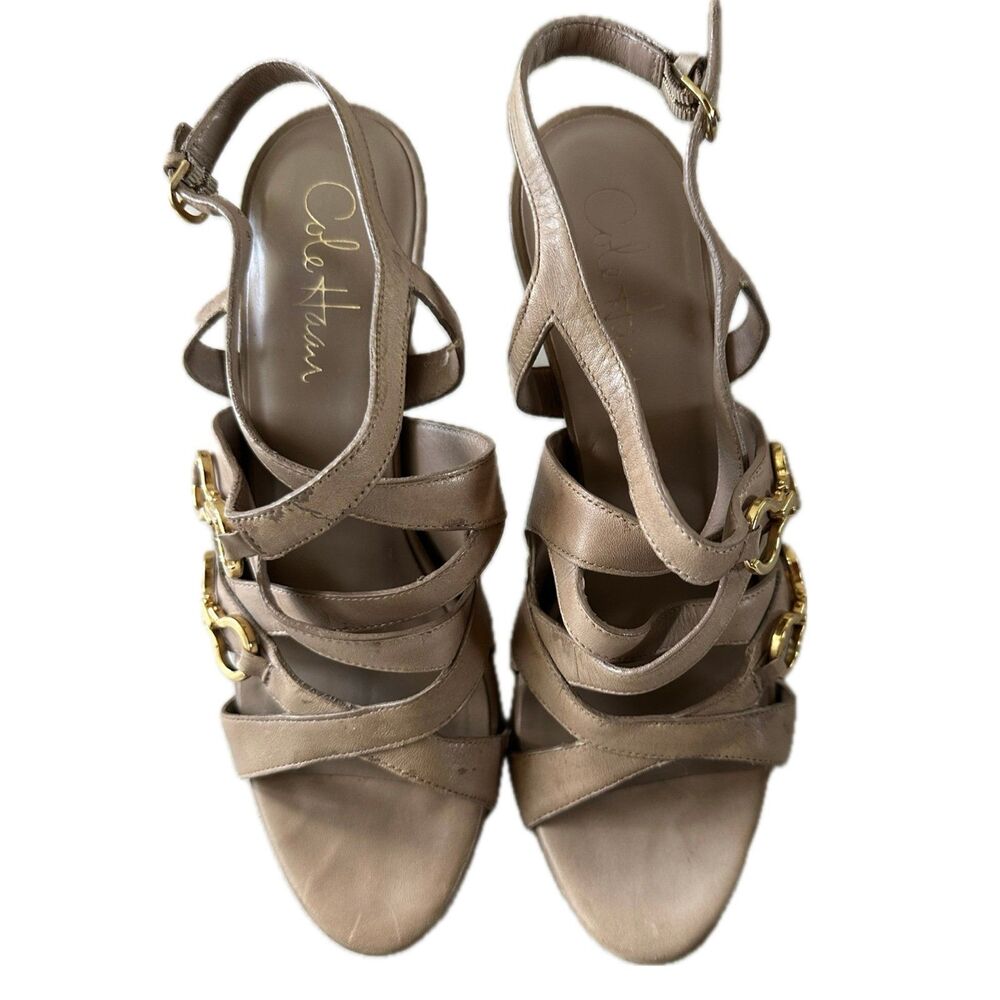 Cole Haan Women's Tan Leather Strappy Horsebit Slingback Heels 8